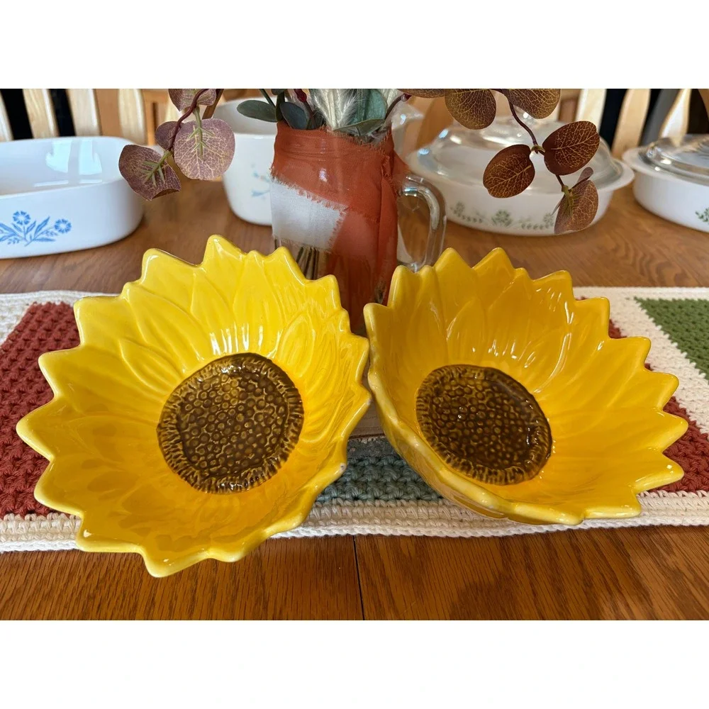 Robert Stanley Sunflower Bowls Set of 2 Yellow Floral Ceramic 6.25 inch Dishware